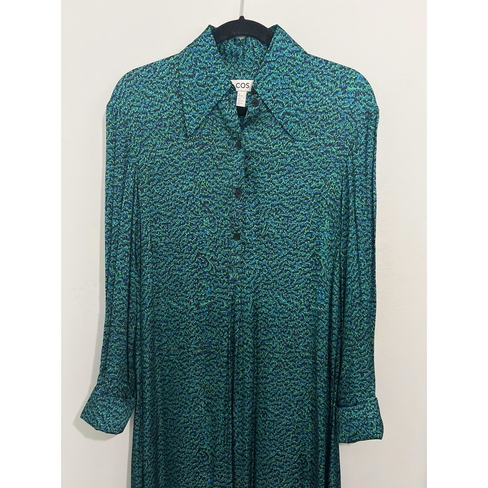 COS Shirt Dress Women’s 2 Teal Black Marble Printed Midi Rayon Long Sleeve - Picture 5 of 14